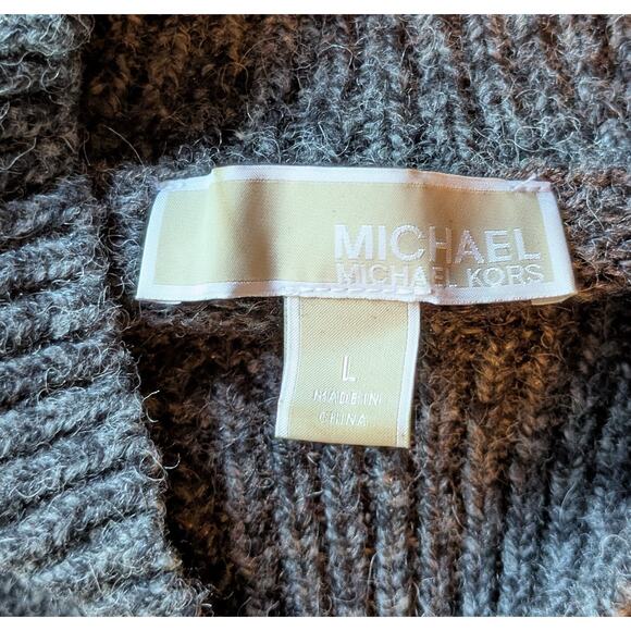 Michael Kors Wool Tunic Sweater Large Gray Colorblock Mock Neck High Low Ribbed - Picture 8 of 9